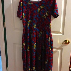 Lularoe  Midi Dress, pleaded waist, Turquoise, rose, yellow,black, Size L